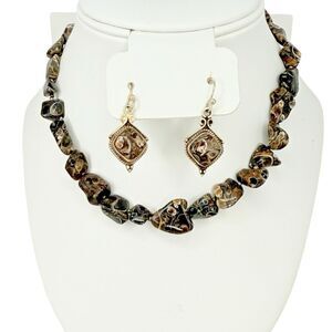Fossil Agate Jewelry Set 925 Sterling Silver Choker Necklace 15.5" Earrings 1.5"